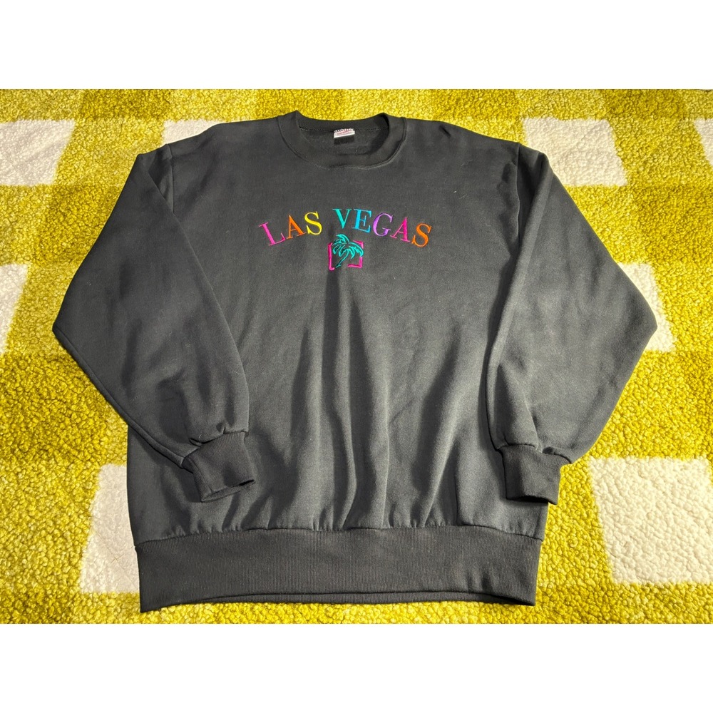 Vintage Jerzees Las Vegas Sweatshirt Mens Large Black Embroidered Palm Tree USA